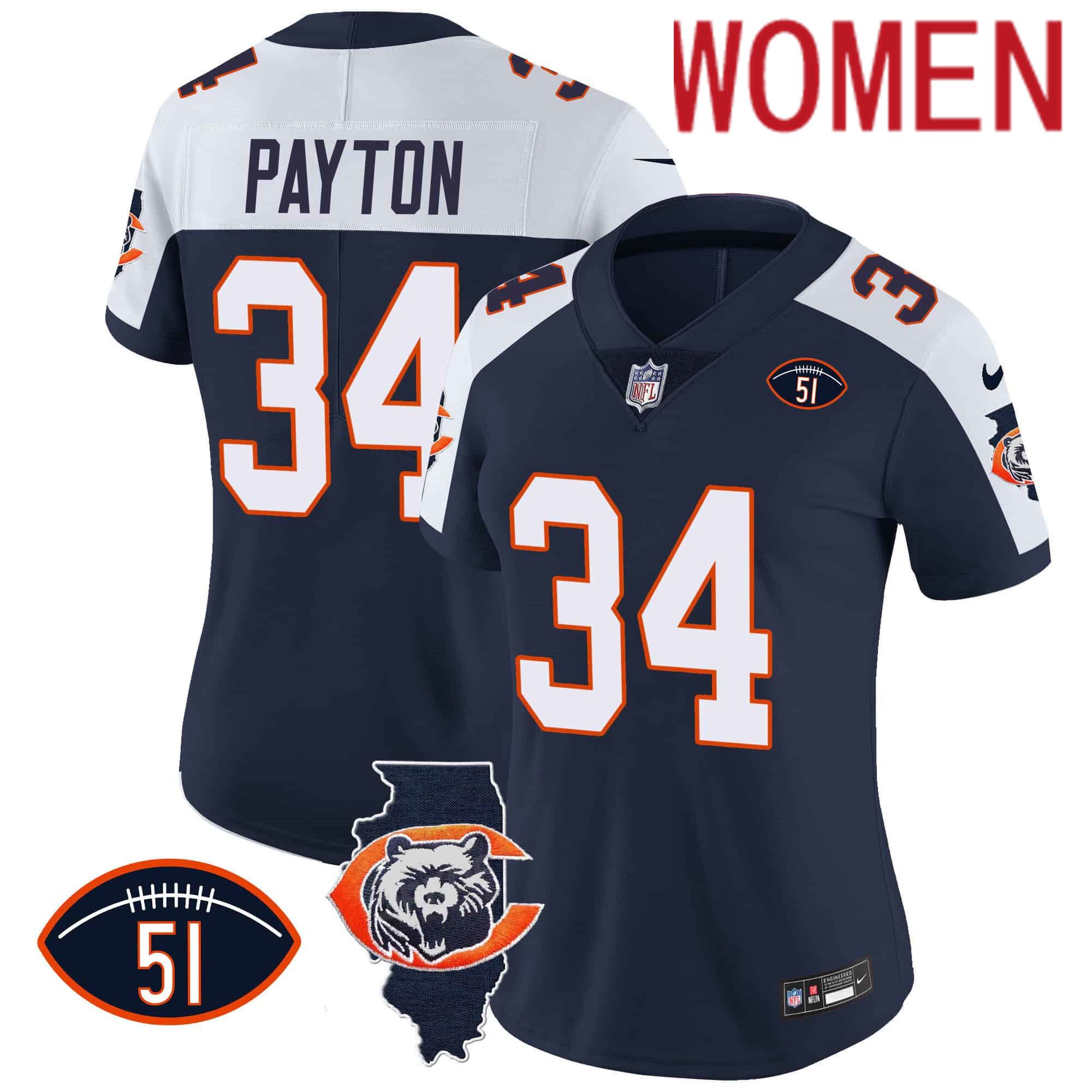 Women Chicago Bears #34 Payton Blue 2024 Nike Throwback Illinois Patch Vapor NFL Jersey